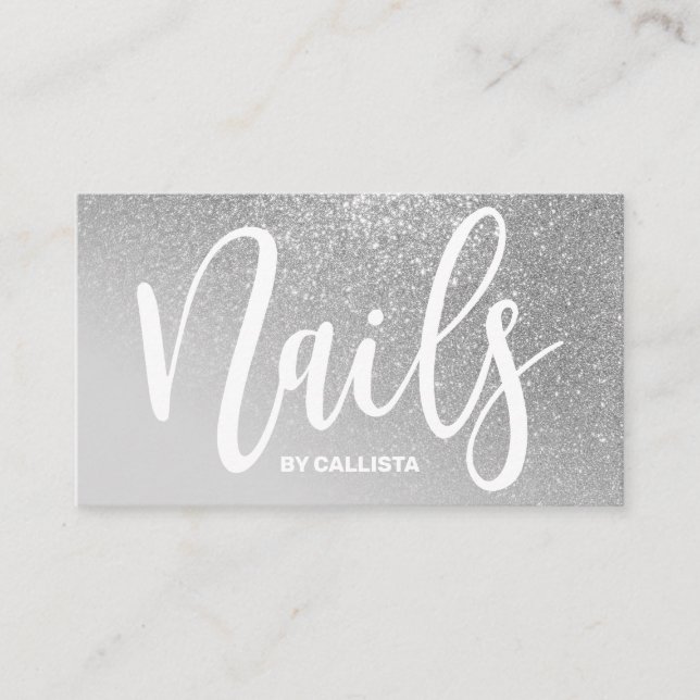 Nail Technician Gray Silver Glitter Typography Business Card (Front)