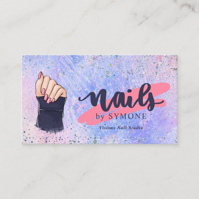Nail Technician Holographic Glitter Pink and Blue Business Card (Front)