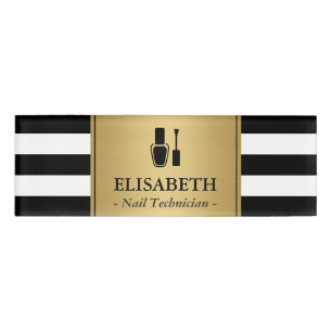 Nail Technician Logo Gold Black White Stripes Name Tag