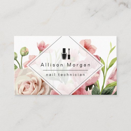 Customizable Nail Technician Logo Modern Geometric Chic Floral Business Card