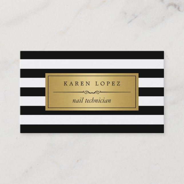 Nail Technician - Modern Black White Stripes Business Card (Front)