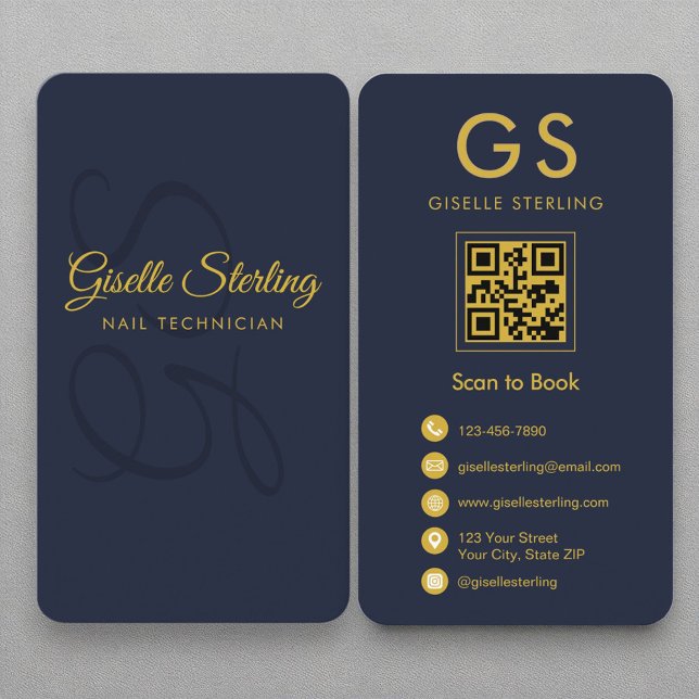 Nail Technician Monogram Navy Blue Gold QR Code Business Card (Creator Uploaded)
