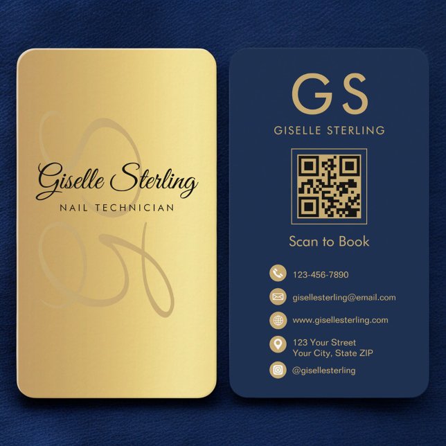 Nail Technician Monogram Navy Blue Gold QR Code Business Card (Creator Uploaded)