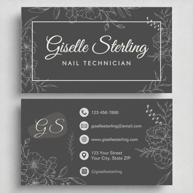 Nail Technician Moody Charcoal Gray Floral Modern Business Card (Creator Uploaded)