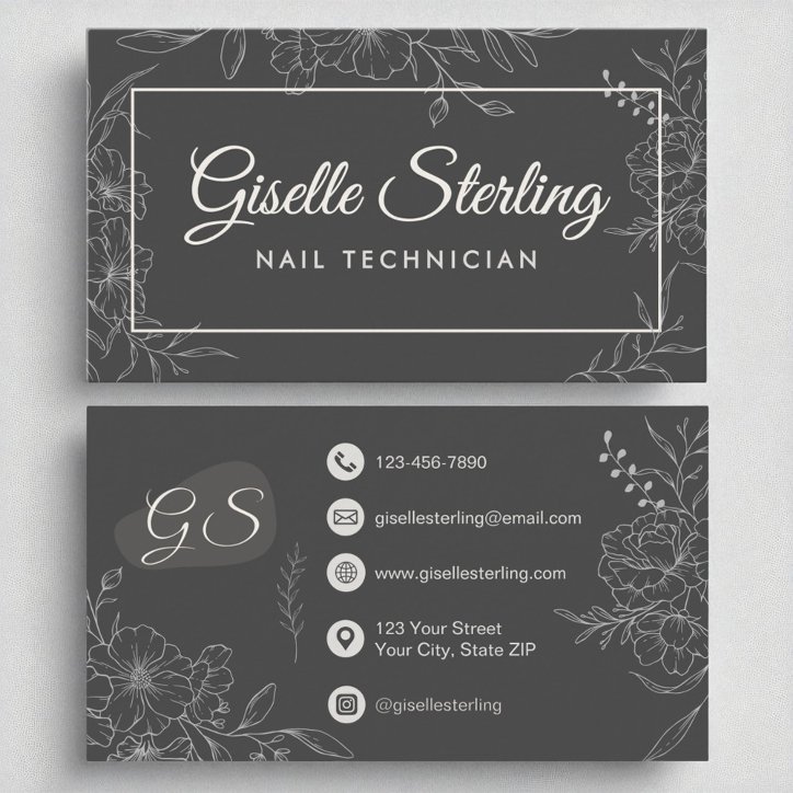 Nail Technician Moody Charcoal Gray Floral Modern Business Card