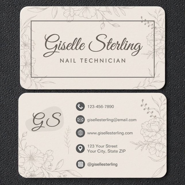Nail Technician Neutral Floral Business Card (Creator Uploaded)