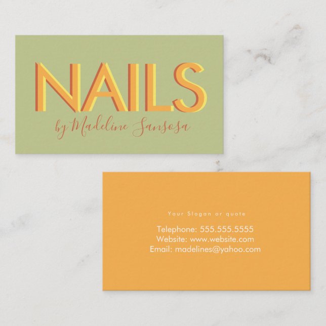 Nail Technician Orange Triple Lettering Business Card (Front/Back)