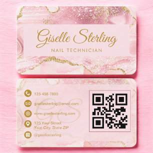 Nail Technician Pink Gold Agate QR Code Business Card