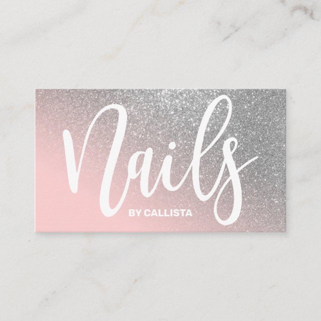Nail Technician Pink Silver Glitter Typography Business Card (Front)