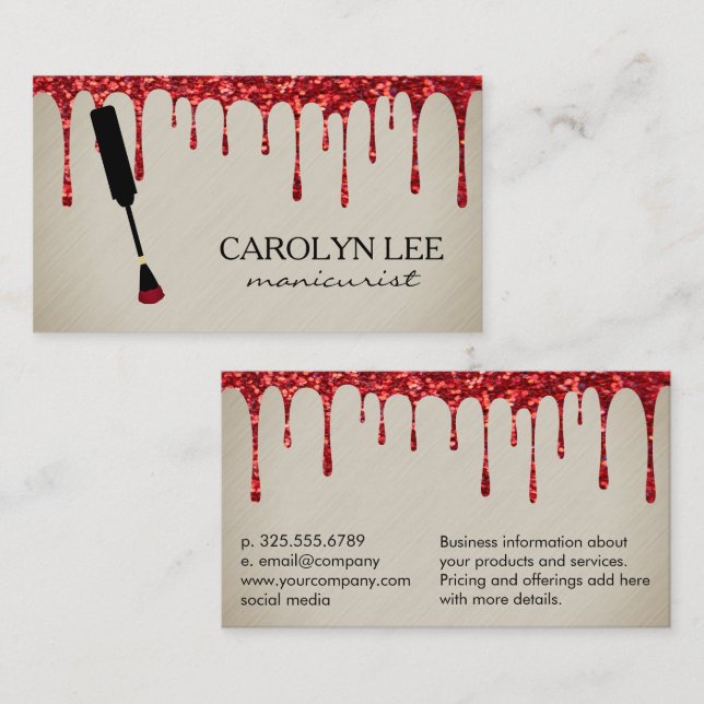 Nail Technician | Red Glitter Drip Business Card (Front/Back)