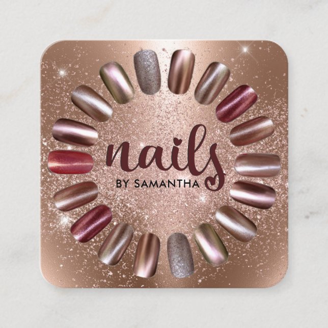 Nail Technician Rose Gold Sparkly Square Business Card (Front)
