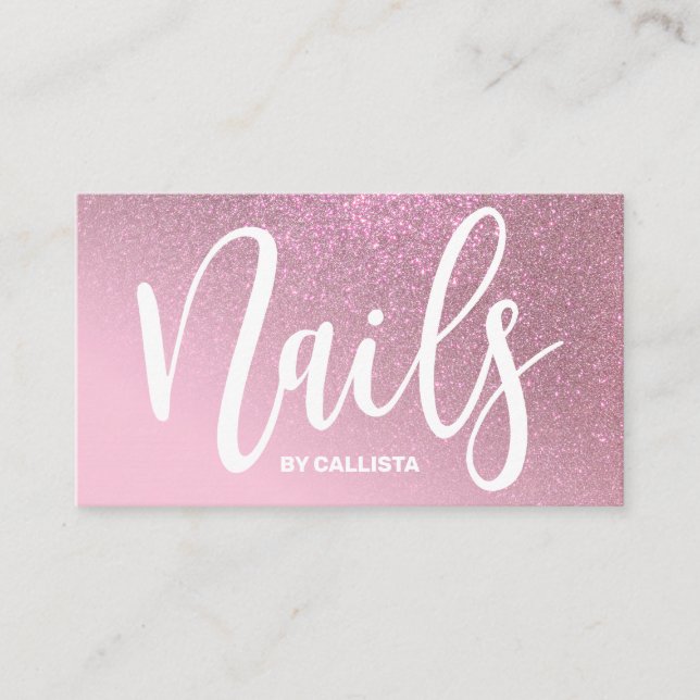 Nail Technician Rose Pink Glitter Typography Business Card (Front)