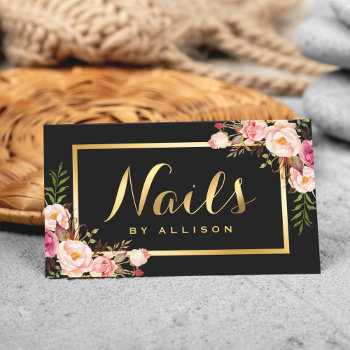 Nail Technician Salon Black Gold Floral Script Business Card by CardHunter at Zazzle