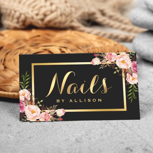 Customizable Nail Technician Salon Black Gold Floral Script Business Card