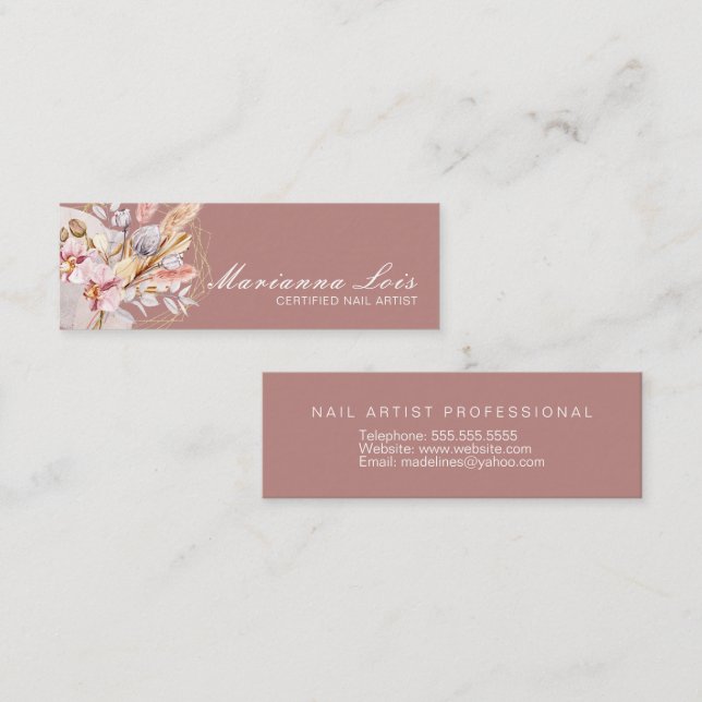 Nail Technician Salon Gold Bohemian Florals Mini Business Card (Front/Back)
