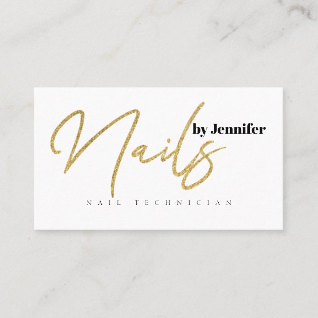Nail Technician Salon Gold Glitter Script Elegant Business Card (Front)
