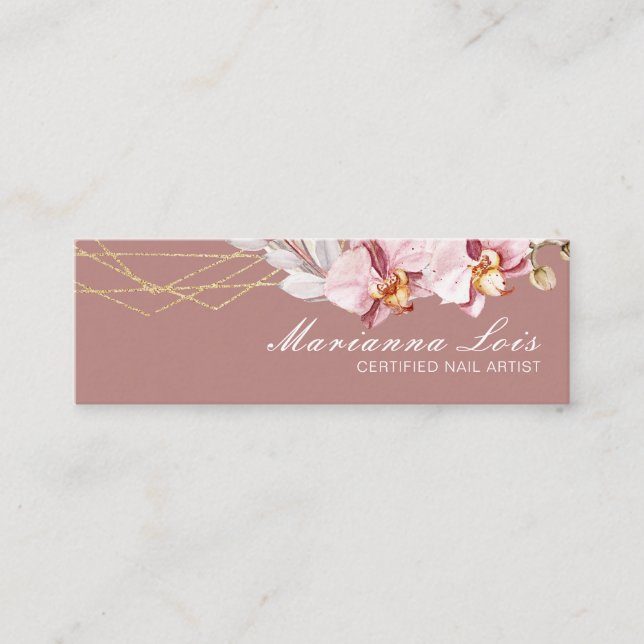Nail Technician Salon Gold Watercolor Florals Pink Mini Business Card (Front)