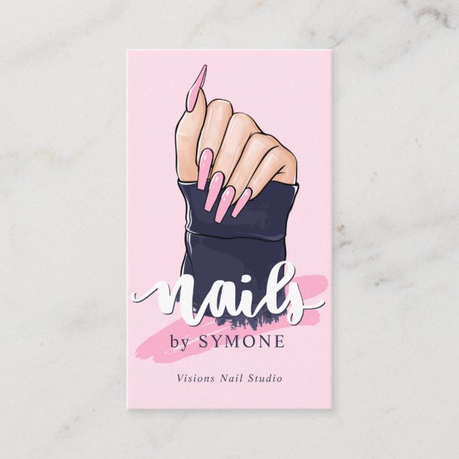 Nail Technician Salon Trendy Logo Blush Pink Navy Business Card (Front)
