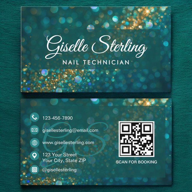Nail Technician Teal Gold Glitter QR Code Luxury Business Card (Creator Uploaded)