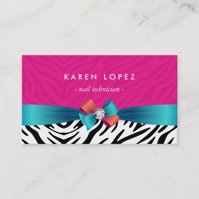 Nail Technician - Trendy Pink Zebra Print Business Card (Front)
