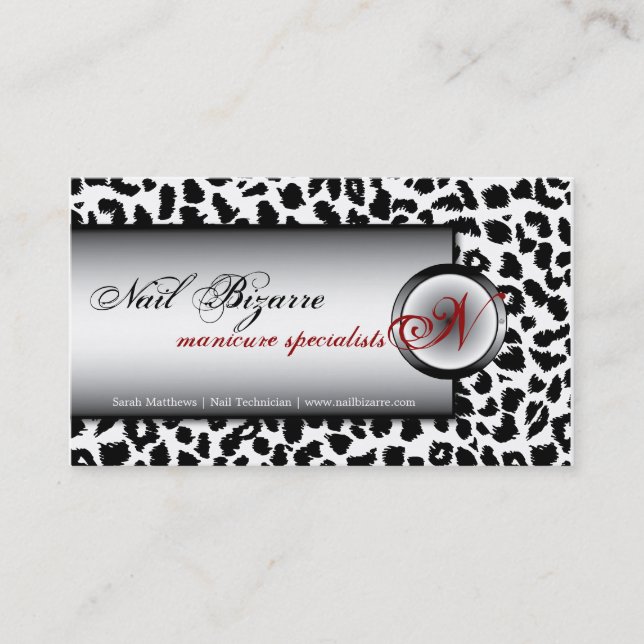 Nail Technnician Black White Leopard Business Card (Front)