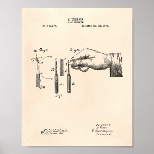 Nail Trimmer 1893 Patent Art Old Peper Poster