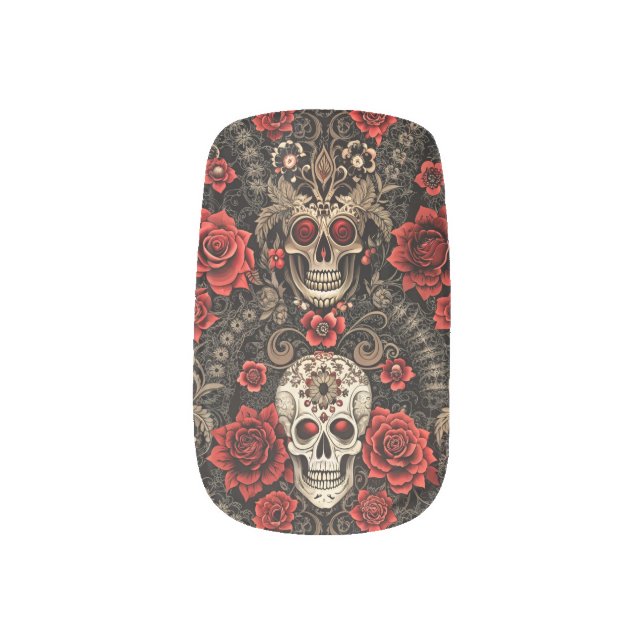 Nail Wraps Gothic Skulls Skeleton & Rose Halloween (Left Thumb)