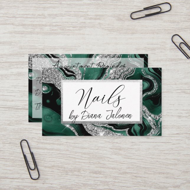 Nails Appointment Reminder Silver Green Marble Business Card (Front/Back In Situ)