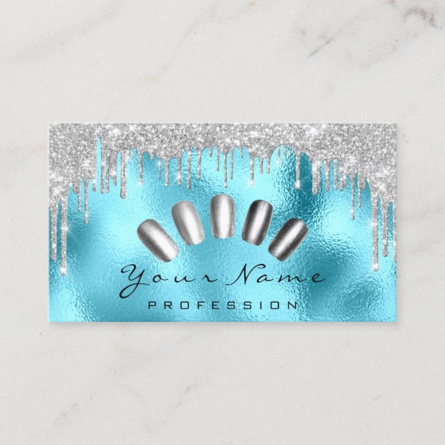 Nails Art Glitter  Blue Silver Gray Manicure Drips Business Card (Front)