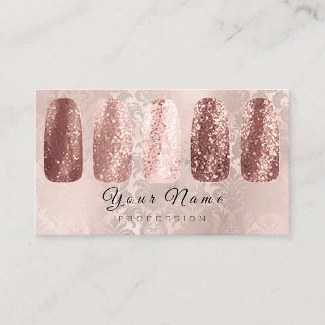 Nails Art Glitter Damask Champagne Rose Gold Business Card (Front)