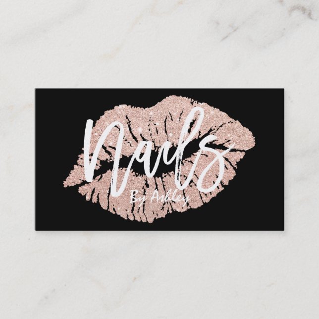Nails artist rose gold glitter lips typography business card (Front)