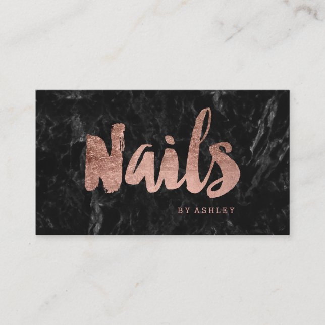 Nails chic rose gold typography black marble business card (Front)