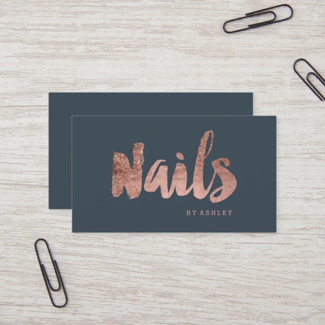 Nails chic rose gold typography charcoal business card (Front/Back In Situ)