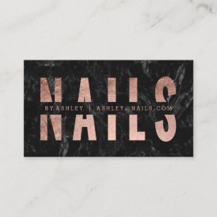 Nails cut out rose gold typography black marble business card