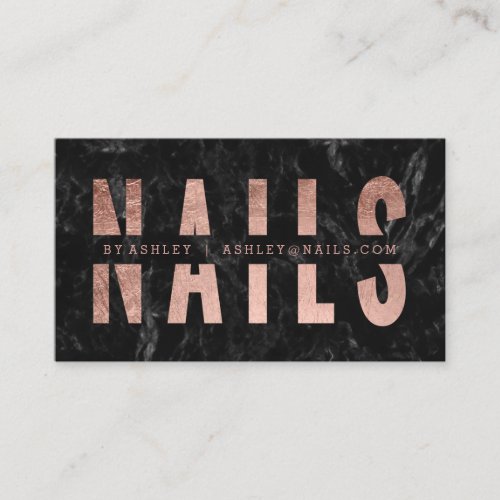 Nails cut out rose gold typography black marble business card
