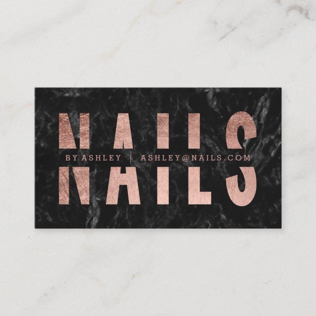 Nails cut out rose gold typography black marble business card (Front)