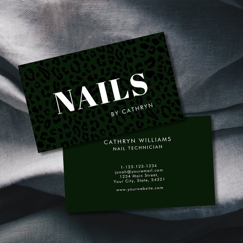Nails Dark Green Animal Print Nail Technician Business Card