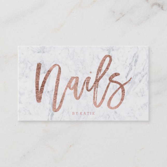 Nails elegant faux rose gold typography marble business card (Front)