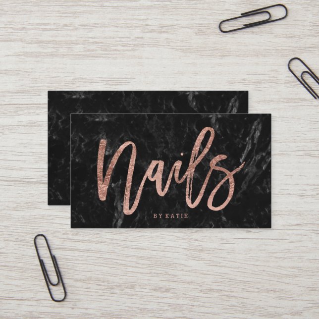 Nails elegant rose gold typography black marble 2 business card (Front/Back In Situ)