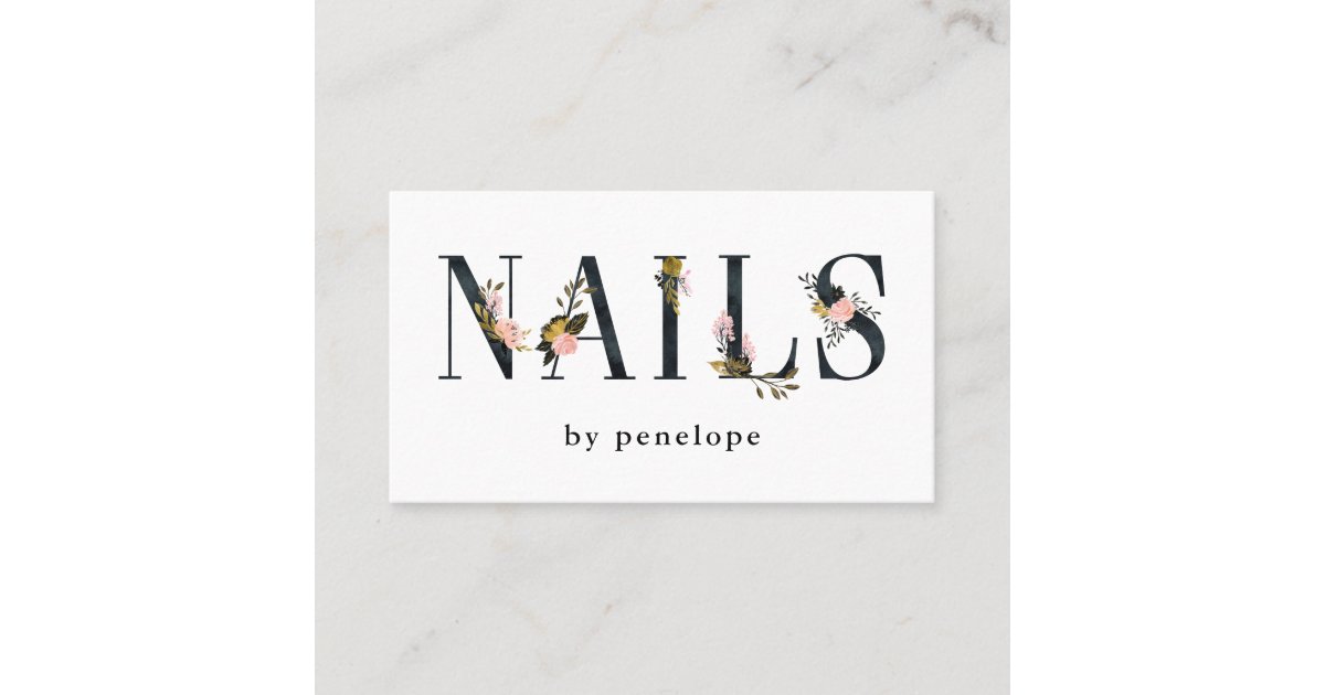 Nails | Gold Blush Black Floral Typography Business Card | Zazzle