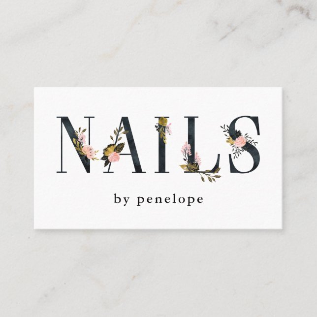 Nails | Gold Blush Black Floral Typography Business Card (Front)