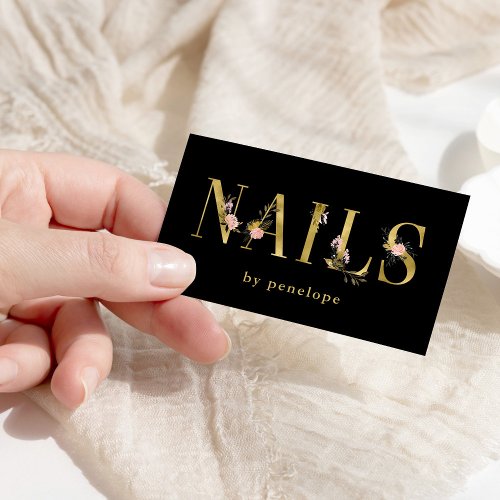Nails  Gold Floral Typography on Black Business Card
