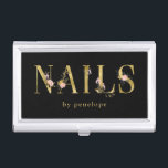 Nails | Gold Floral Typography on Black Business Card Case<br><div class="desc">This elegant and stylish nail salon business card holder features modern faux gold typography with gorgeous blush pink,  gold and black watercolor flowers for a totally on-trend look.</div>
