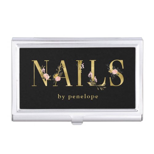 Nails  Gold Floral Typography on Black Business Card Case