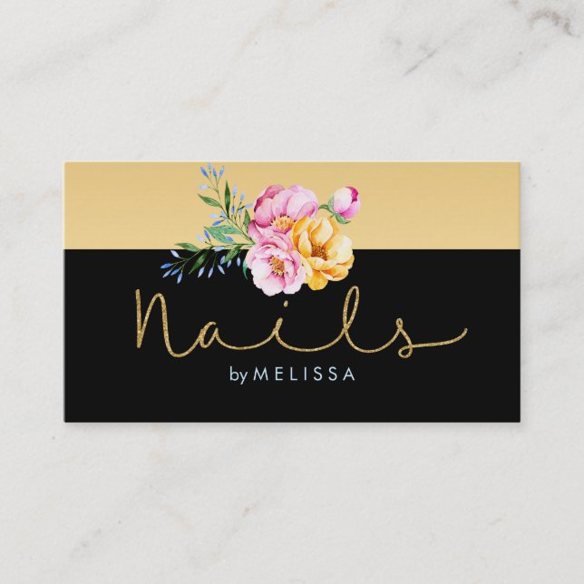 Nails Gold Glitter & Colorful Floral Bouquet Business Card (Front)