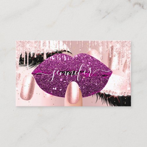 Nails Makeup Artist Kiss Lips Pink Rose Drip Business Card