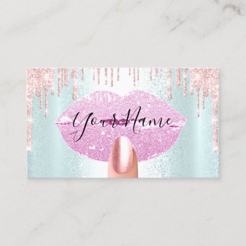 Nails Makeup Artist Pink Drips Kiss Lips Aqua Business Card