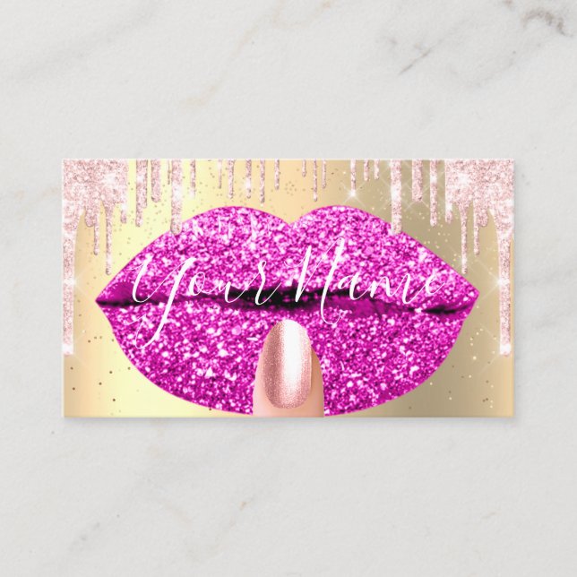 Nails Makeup Artist Pink Drips Kiss Lips Fuchsia Business Card (Front)
