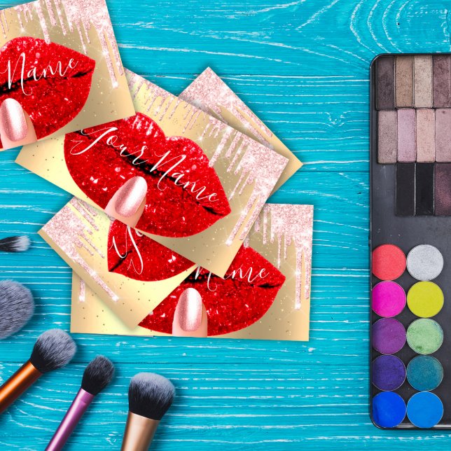 Nails Makeup Artist Pink Drips Kiss Lips Red Business Card