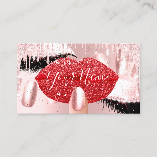 Nails Makeup Artist Red Kiss Lip Lash QRCODE Logo Business Card (Front)
